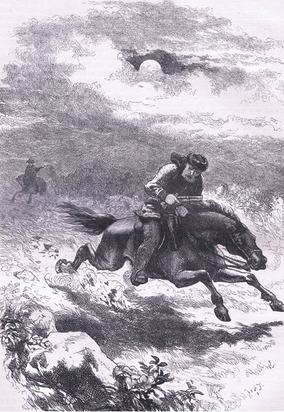 1900年頃にCassell, Petter & Galpin社から出版された『Cassells History of the United States』の挿絵「Paul Revere the Scoutの追跡」（リトグラフ）。 作： American English school