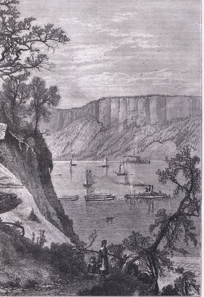 The Palisades of the Hudson」（1900年頃、Cassell, Petter & Galpin社発行「Cassells History of the United States」より）。 作： American English school
