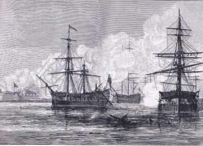 サリバンズ島への攻撃、1900年頃にCassell, Petter & Galpin社から出版されたCassells History of the United Statesに掲載されたイラスト（リトグラフ版 作： American English school