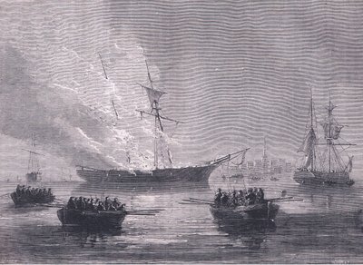 1900年頃にCassell, Petter & Galpin社から出版された『Cassells History of the United States』に掲載されたガスプの焼失のイラスト（リトグラフ版 作： American English school