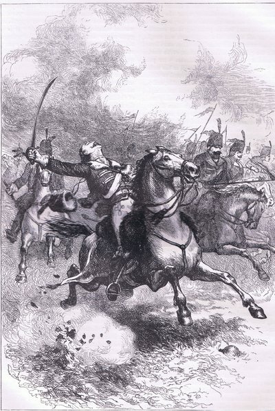 1900年頃にCassell, Petter & Galpin社から出版された『Cassells History of the United States』に掲載されたイラスト「The charge of the Pulaski」（リトグラフ）。 作： American English school