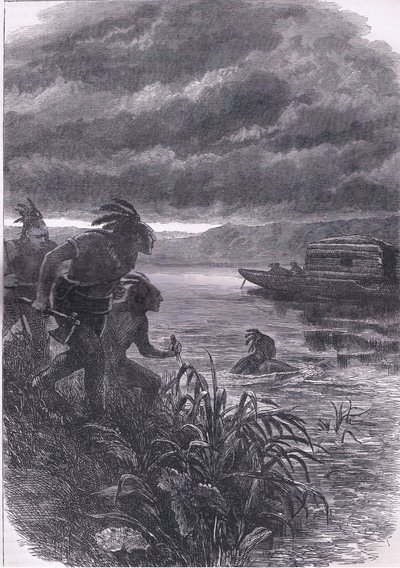 野蛮人に襲われるオハイオ州の貿易商たち（1900年頃、Cassell, Petter & Galpin社発行のCassells History of the United Statesからの挿絵）（リトグラフ 作： American English school