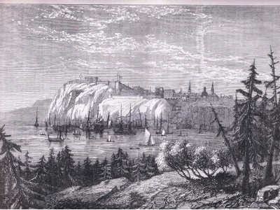 1900年頃にCassell, Petter & Galpin社から出版された『Cassells History of the United States』の挿絵に描かれたケベックの景色（リトグラフ版）。 作： American English school