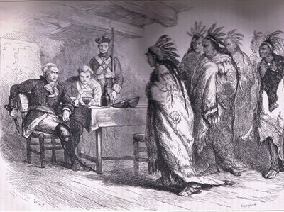 ポンティアックとインディアンのグラッドウィン少佐への訪問（1763年）、Cassell, Petter & Galpin, c.1900発行のCassells History of the United Statesからの挿絵（リトグラフ）。 作： American English school