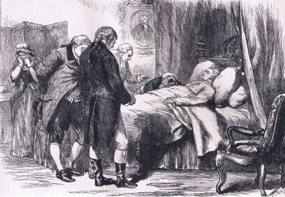 死の床に就くワシントン（1900年頃、Cassell, Petter & Galpin社の『Cassells History of the United States』に掲載されたイラスト 作： American English school