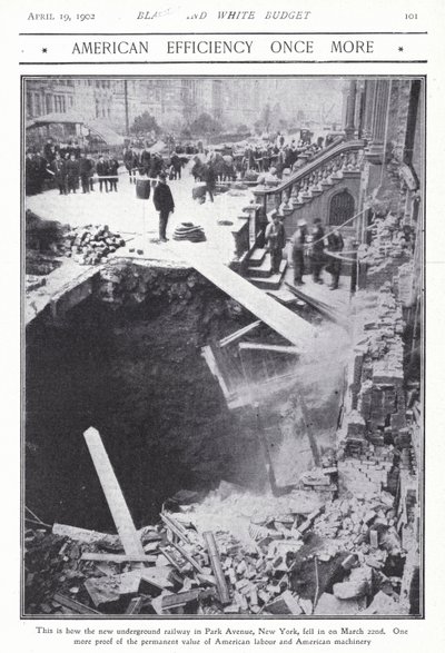 1902年3月22日、アメリカ・ニューヨーク市、パークアベニューの地下鉄トンネルの一部が崩壊（モノクロ写真 作： American Photographer (after)