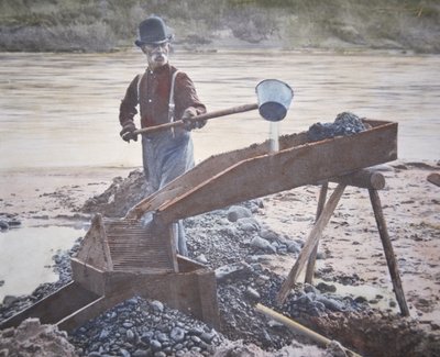 水門を使うアメリカ人金鉱夫（手彩色写真 作： American Photographer