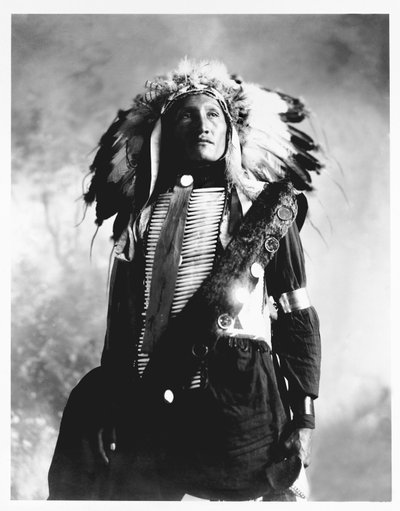 エディ・プレンティ・ホールズ、スー族インディアン、1900年頃（白黒写真） 作： American Photographer