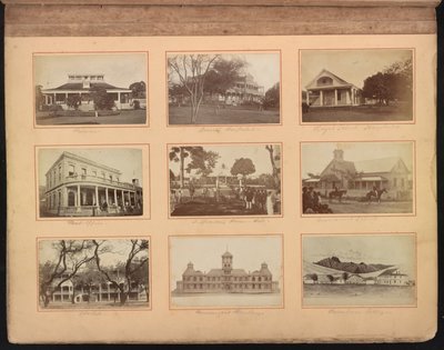 ハワイのアルバム、p.12、クイーンズ・ホスピタル（中央上部）を含む学校などの建物、1880年頃（アルバメン・プリント 作： American Photographer