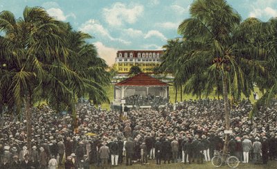 1925年頃、フロリダ州マイアミ：ロイヤルパーム公園でのウィリアム・J・ブライアン牧師の聖書クラス（カラー写真） 作： American Photographer