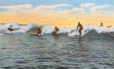 サーフ・ライダーズ、ハワイ（カラー写真） 作： アメリカの写真家