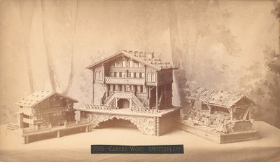 スイスのコテージ、彫刻が施されたモデル、フィラデルフィアセンテニアルインターナショナルエキシビション、1876年（銀の卵白プリント） 作： アメリカの写真家