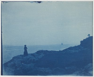 岩場のプロモントリーからスクーナーを見る女性 作： American Photographer