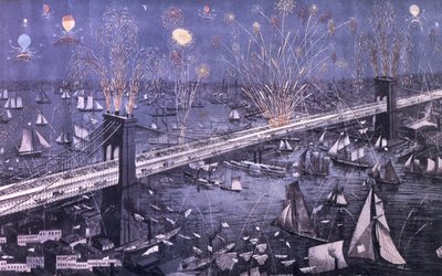 グレートニューヨークとブルックリンブリッジの鳥瞰図、火の壮大な展示、1883年のパブ。 A. Majorによる 作： American School