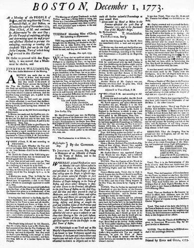 1773年12月、ボストン茶会事件の詳細を記したブロードサイド新聞（印刷） 作： American School