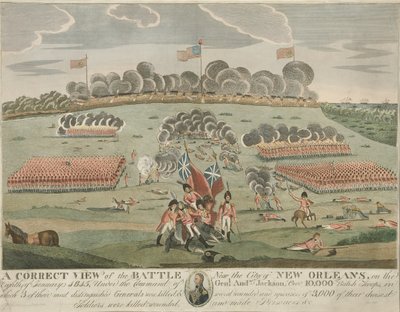 1815年頃、ニューオリンズ市付近の戦いの正しい眺め（ハンドカラー・エングレーヴィング 作： American School
