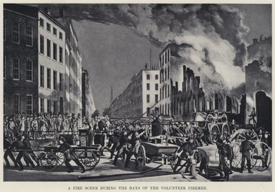 ボランティア消防士の時代の火事の様子（リトグラフ 作： American School