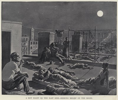 イーストサイドの暑い夜、屋根の上に救いを求めて（リトグラフ 作： アメリカの学校