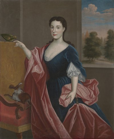 ハドソンバレーの女性と犬とオウム、1720〜30年頃 作： American School