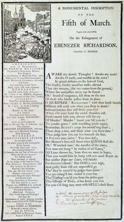 1772年3月5日の碑文（印刷） 作： American School
