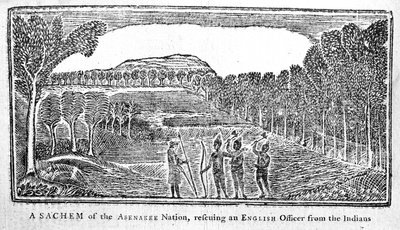 イギリスの将校を救出したアベナキー族のSachem、Bickerstaffs Boston Almanackのイラスト、1768年発行 作： American School