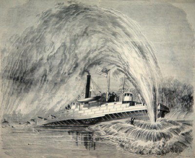 1863 年 8 月 4 日、ジェームス川の連邦砲艦「コモドール バーニー」の下で爆発する魚雷 (線の彫刻) 作： American School