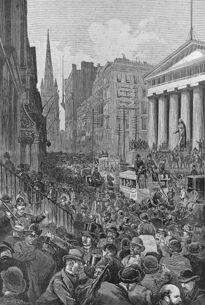 グラント・アンド・ウッド銀行の突然の破綻による一時的なパニック」1884年5月24日付「ハーパーズ・ウィークリー」のイラスト（リトグラフ版 作： American School