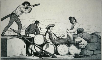 ミシシッピ川で貨物を運ぶフラットボート、1840年頃（彫刻） 作： American School