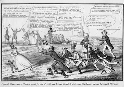 TC、ニューヨーク、1852年頃に出版された、有名なナグのブラックダン、ルイスカス、ハイナウの間の壮大な奴隷狩り、または大統領職のためのスピードの試練 作： American School