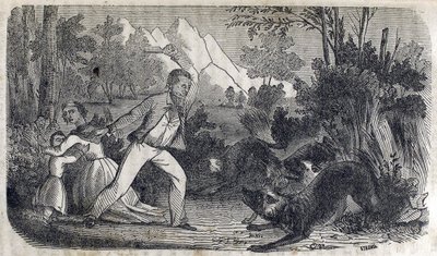 犬を撃退する女性と子供の前に立つ男性 作： American School