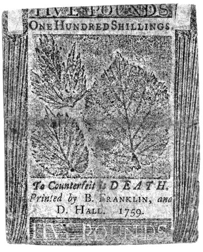 B.フランクリンとD.ホールによって印刷された100シリングノート、1759（印刷） 作： American School