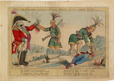 人道的イギリス人とその立派な同盟国によって実践された辺境のシーン、c.1813（手描きのエッチング） 作： American School