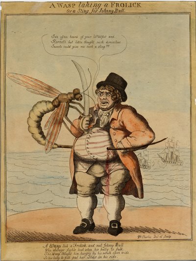 1813年の戯画を手にしたハチ（手描きのエッチング） 作： American School