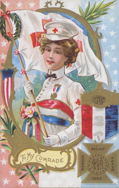 1883年に設立された女性の救援隊の女性と彼女が受け取ったであろうメダル 作： American School