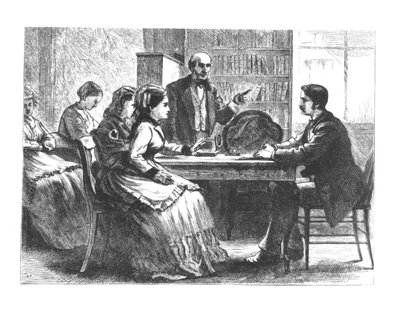 女性が工場長と交渉し、スーザンB.アンソニーの新しい働く女性の保護協会、1860年代から70年代のアドバイザーの支援を受けた 作： American School