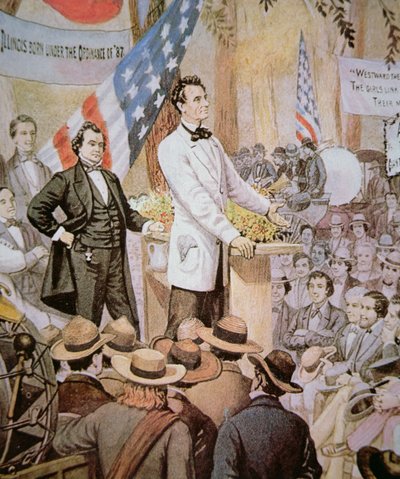 イリノイ州でスティーブン・A・ダグラス（1813-61）と公開討論するエイブラハム・リンカーン（1809-65）。 作： American School