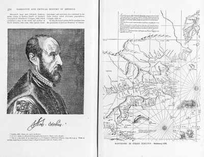 アブラハムオルテルオレテリウス（1527-98）と彼の1569年の世界地図、「アメリカの物語と批評の歴史」からのイラスト、パブ。 1886年に 作： American School