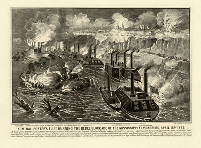 反乱軍のミシシッピ封鎖をヴィックスバーグで実行するポーター提督の艦隊、1863年4月16日、Pub.1863年（彫刻 作： American School