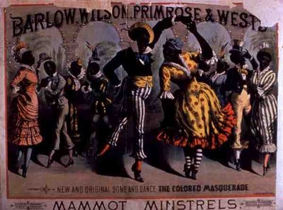 The Colored Masquerade」の広告、Mammot Minstrelsによる歌と踊り、Presented by Barlow, Wilson, Primrose and West (カラーリトグラフ) 作： American School