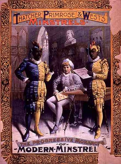サッチャー、プリムローズ、ウェストのミンストレルが出演する「The Progressive Monarchs of Modern Minstrelsy」の広告（カラーリトグラフ版） 作： American School