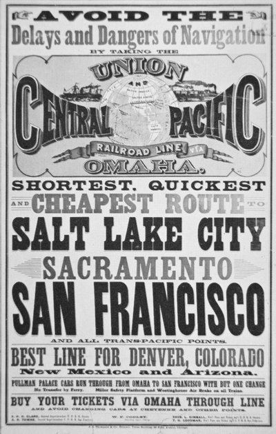 ユニオン・アンド・セントラル・パシフィック鉄道線の広告、1870年頃（リトグラフ 作： American School