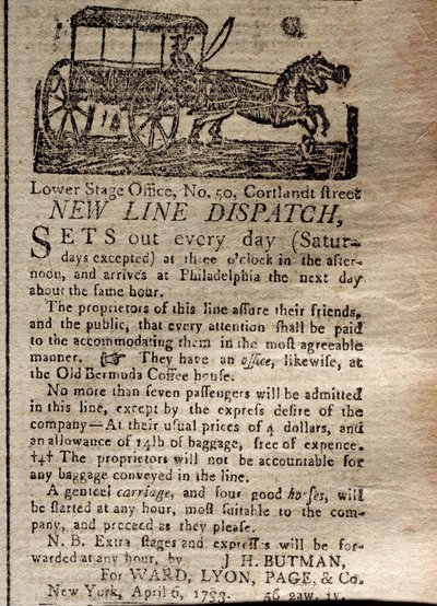 New Line Dispatchの広告、The New York Journal＆Patriotic Register、1793年4月6日（印刷） 作： American School