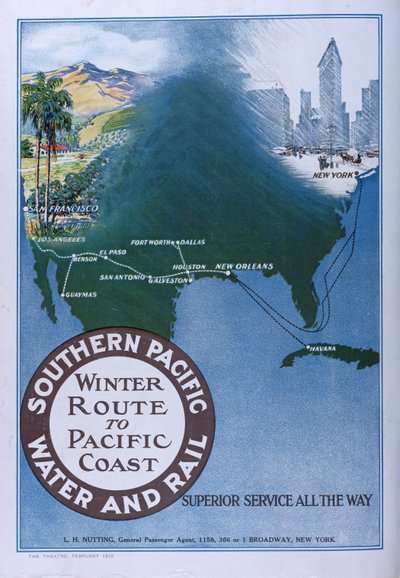 シアター誌、1910年から、南太平洋の水と鉄道の太平洋岸への冬のルートの広告 作： American School