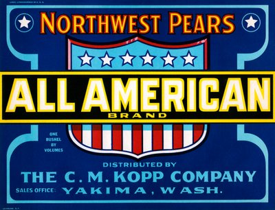 オールアメリカンブランドのフルーツクレートラベル、1920年頃（リトグラフ 作： American School