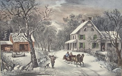 アメリカンホームステッド-冬、パブ。 1868年、キュリアーとアイブス 作： American School