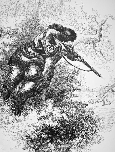 アメリカ独立戦争中、木の上に立つアメリカ人狙撃手（リトグラフ 作： American School
