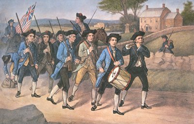アメリカの "ミニットマン "たちが、ファイフ＆ドラムの武骨な音楽に合わせてイギリスに向かって行進している様子。 作： American School