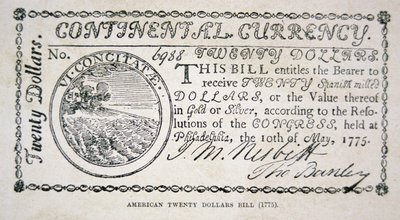 1775年のアメリカの20ドル札（リトグラフ 作： American School