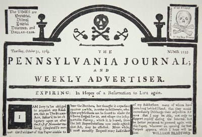 1765年10月31日にThe Pennsylvania Journal and Weekly Advertiserに掲載された、イギリスが課したスタンプ法に対するアメリカ側の回答（新聞紙）。 作： American School