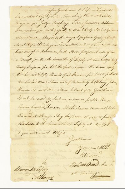 アーノルド・ベネディクト (1741-1801) 大陸軍大将、裏切り者。1775年5月22日、タイコンデロガ、オルバニー安全委員会宛、署名入り自筆書簡（紙にペン・インク、「Benedict Arnold Commr. 作： American School
